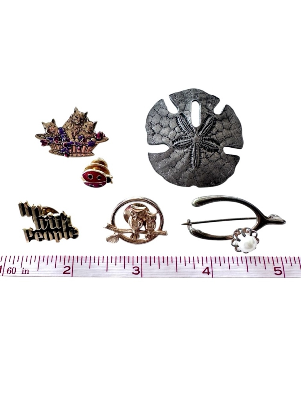 Six Pins Sand Dollar Avon Ladybug Loving Owls Cats Basket Wishbone Up with Peopl - Picture 2 of 13